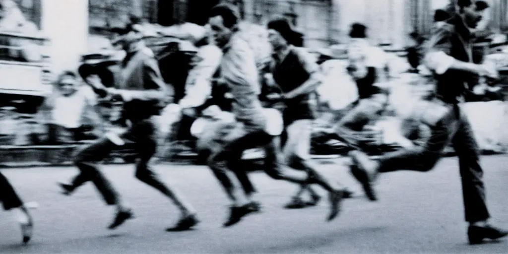 Image similar to street photography, revolution, street, city, blurred people running from tanks, closeup, film photography, 1 9 8 0 s, exposed b & w photography, robert capa photography, henri cartier - bresson photography