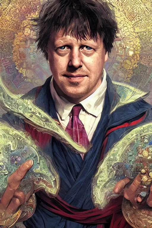 Image similar to Boris Johnson as Dr. Strange, highly detailed character in digital fantasy, painted portrait, artstation, concept art, hard focus, illustrations, works by Artgerm and Greg Rutkowski, Alphonse Mucha and Craig Mullins, James Gene, Andrey Ryabovichev, Mark Simonetti and Peter Morbacher, 16 thousand