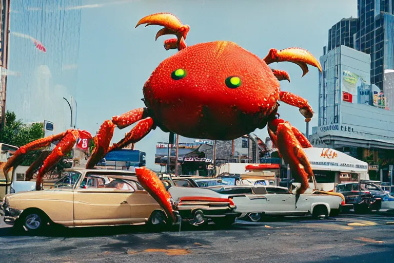 Image similar to 2 0 1 5 cute giant crab terrorizing a city, googie city, americana, fishcore, exterior photography, hd 8 k, photography cinestill