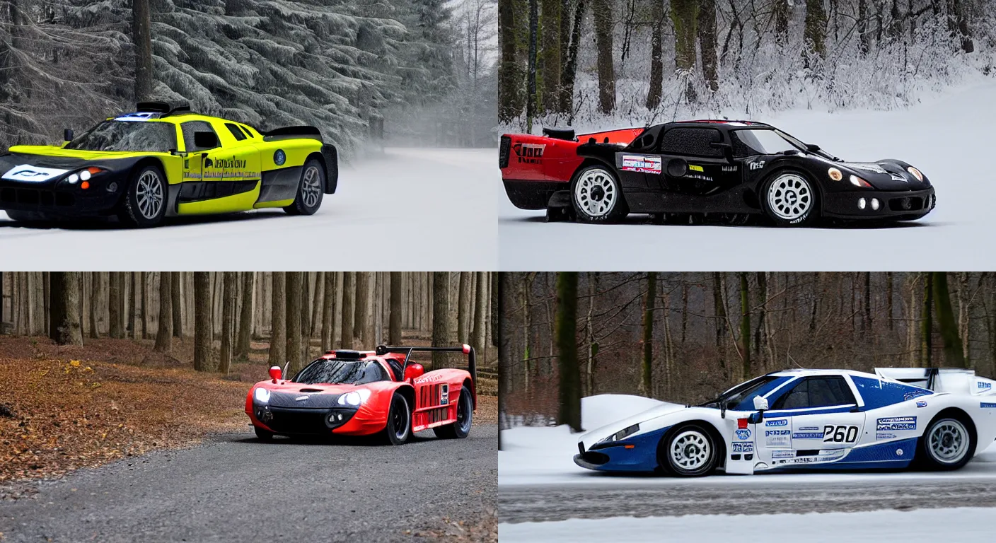 Prompt: a 2 0 1 0 mosler mt 9 0 0 s, racing through a rally stage in a snowy forest