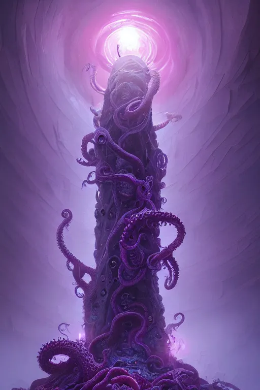 Image similar to Eldritch Organic Tower of The Void made of eyeballs and tentacles, Purple and Blue colored, 4k, masterpiece, cinematic, glowing, by Greg Rutkowski, Trending on Artstation, Behance. Polished, Volumetric Lighting
