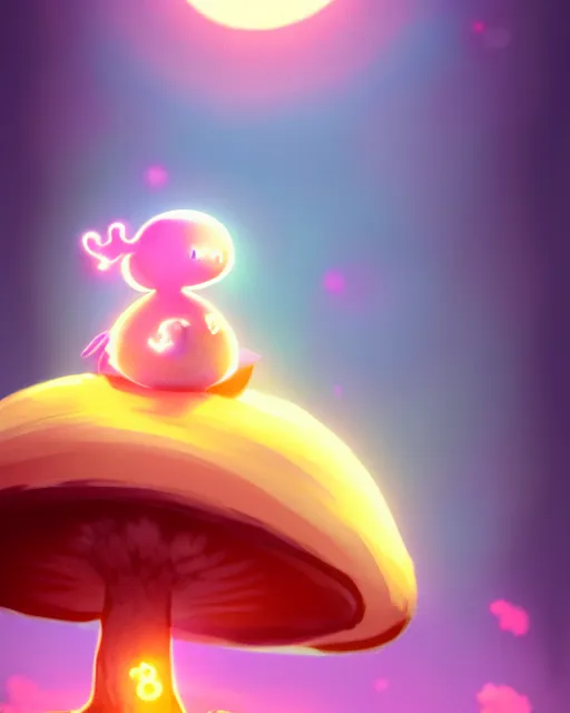 Image similar to concept art for a cute thicc mushroom creature, anime style, golden hour, lens flare, pastel pink glow, sitting on the beach | | epic - fine - clean, polished, trending on artstation, brush strokes