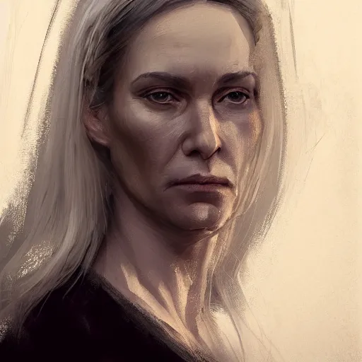 Prompt: Portrait of a woman by Greg Rutkowski, she is about 40 years old, pretty, blond hair with two strans around her face, slavic features, melancholic gaze, pretty aquiline nose, stressed but loving and affectionate mother vibes, she is wearing a black and white utilitarian jumpsuit, highly detailed portrait, digital painting, artstation, concept art, smooth, sharp foccus ilustration, Artstation HQ.