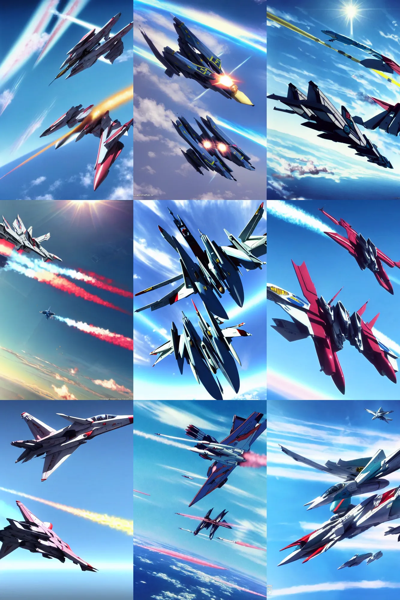 Prompt: An awe inspiring flight shot of a VF25 Messiah in Jet Mode soaring through the air on a sunny day with a clear blue sky, Macross Franchise, Macross Frontier, VF-25S Messiah, Valkyrie Mecha, Valkyrie Fighter Jet, sci-fi anime, 3D CGI, mecha anime, Shoji Kawamori