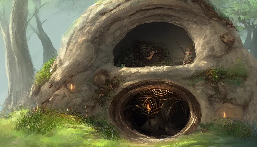 Image similar to concept art of a beautiful hobbit - hole, digital art, trending on artstation