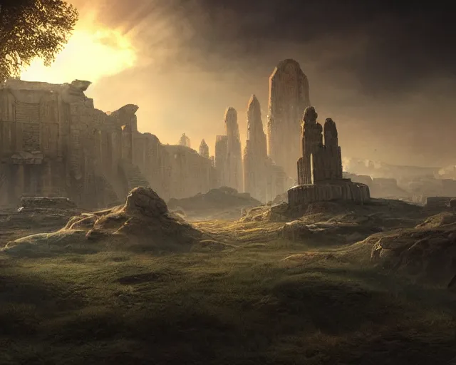 Image similar to ancient alien civilization, ambient, ruins, digital art by wlop, detailed, volumetric lighting