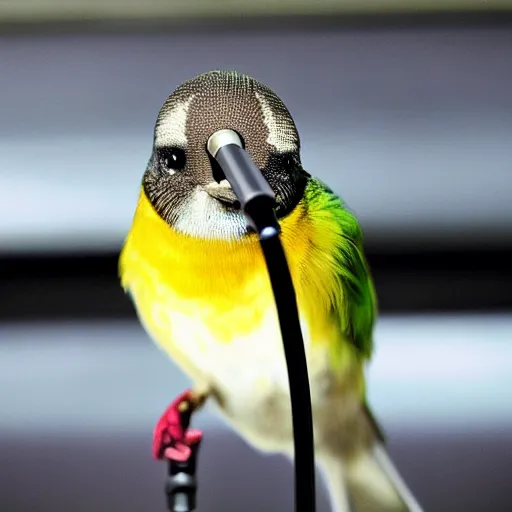 Image similar to A photograph of a bird wearing headphones and speaking into a microphone