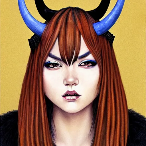 Image similar to illustrated realistic portrait of ram-horned devil woman with blue bob hairstyle and her tan colored skin and with solid black eyes wearing leather by rossdraws