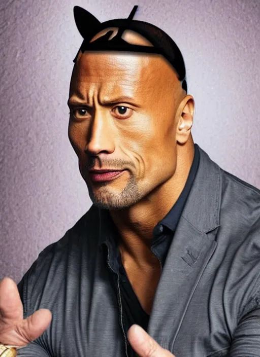 Image similar to a portrait of dwayne johnson wearing cat ears doing the thug life meme