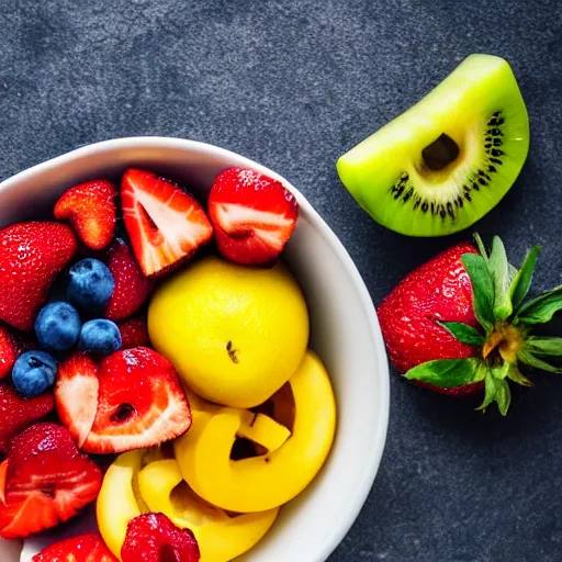 Prompt: a bowl of fresh fruit, food photography, shot with a DSLR, 4k
