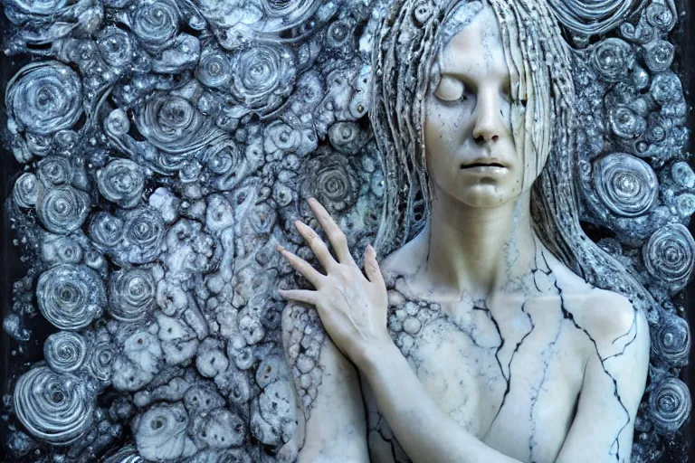 Prompt: a sculpture of a person with flowing tears, fractal flowers on the skin, intricate, a marble sculpture by nicola samori, behance, neo - expressionism, marble sculpture, apocalypse art, made of mist, still frame from the prometheus movie by ridley scott with cinematogrophy of christopher doyle, arri alexa, anamorphic bokeh, 8 k