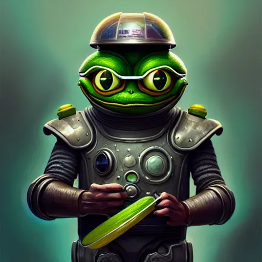 Image similar to Portrait of happy pepe with a spoon wearing futuristic power armor, fantasy, intricate, highly detailed, digital painting, trending on artstation, sharp focus, illustration, style of Stanley Artgerm and Greg Rutkowski and Dan Mumford