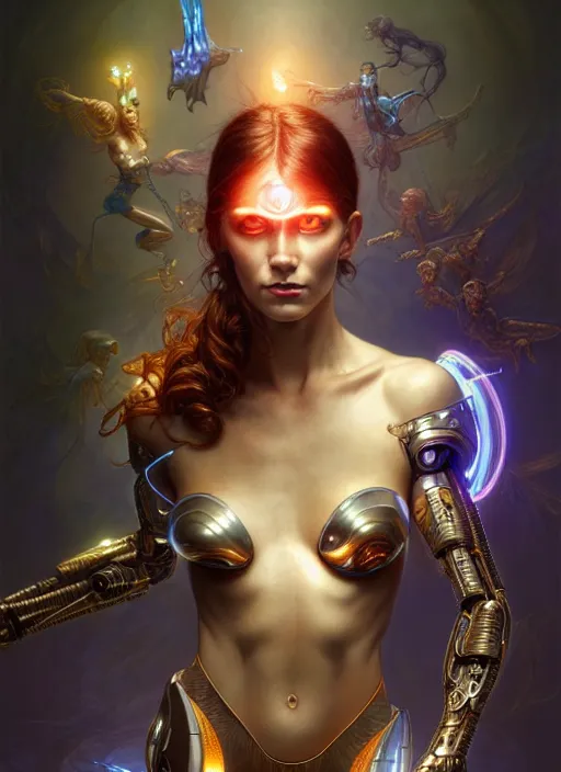 Image similar to cyborg recharging, diffuse lighting, fantasy, intricate, elegant, highly detailed, lifelike, photorealistic, digital painting, artstation, illustration, concept art, smooth, sharp focus, art by John Collier and Albert Aublet and James jean and Brian froud and ross tran and Artem Demura and Alphonse Mucha