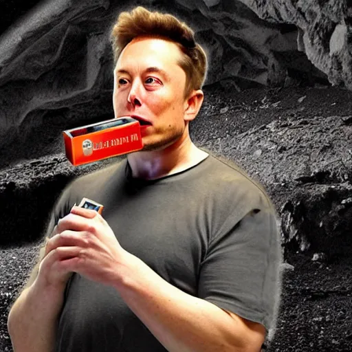 Image similar to Elon musk chewing on a battery in a dark cave and feeling sad, photorealistic