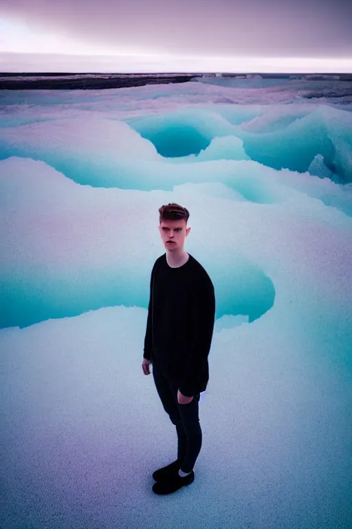 Image similar to high quality pastel coloured film mid angle selfie photograph of a beautiful young man, soft features, standing in an icelandic black rock environment. atmospheric. three point light. photographic. art directed. ( pastel colours ). volumetric light. stark. waves glitch. 8 k. filmic.