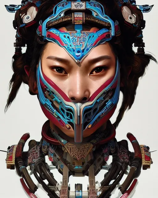 Image similar to portrait of a machine from horizon zero dawn, machine face, upper body, decorated with chinese opera motifs, asian, traditional chinese art, intricate, elegant, highly detailed, digital painting, artstation, concept art, smooth, sharp focus, illustration, art by artgerm and greg rutkowski and alphonse mucha, 8 k