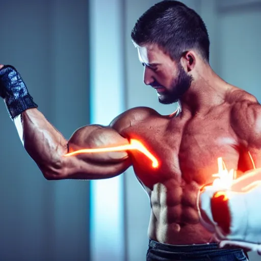 Prompt: man flexing metal arm bicep, bicep glowing iron, hot glowing iron