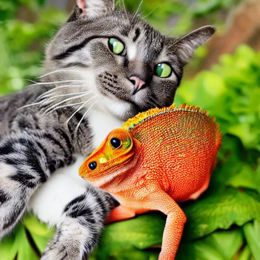 Prompt: photo of a cat and chameleon best friends