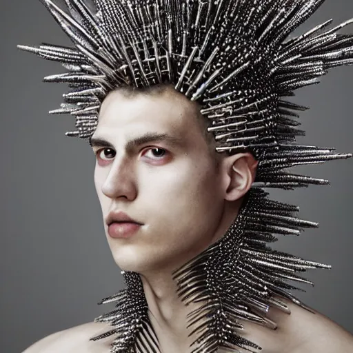 Prompt: a portrait of a beautiful young male wearing an alexander mcqueen armor made of spikes , photographed by andrew thomas huang, artistic