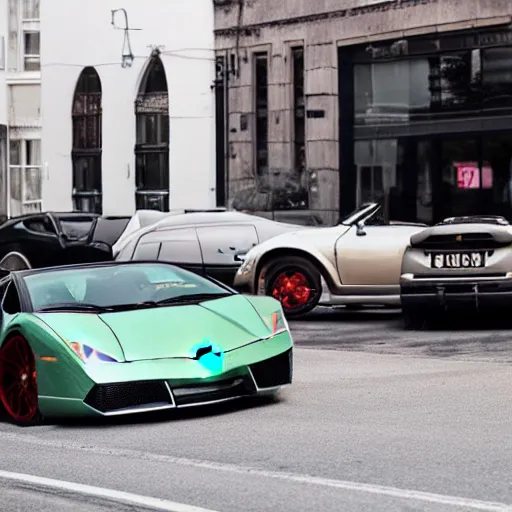 Prompt: A 1930s Lamborghini Gallardo parked on a street