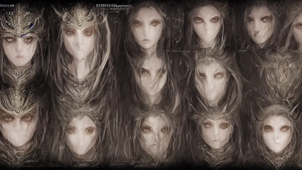 Prompt: concept art sheet, photorealistic symmetrical beautiful teenage face, symmetric eyes, female priestess with shiny hair wearing full intricate clothing, intricate, cg society, Elden Ring, darksouls, bloodborne