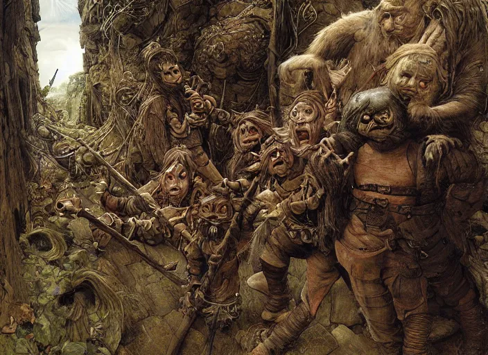 Prompt: jim henson's labyrinth. stone walls. this passage is littered with fuses, kegs of gunpowder, and sticks of dynamite. a crew of five goblins. by edgar maxence and caravaggio and michael whelan and delacroix style, artistic, intricate painting, cinematic lighting, hyper realistic, extremely detailed, vivid colors, establishing shot, dramatic lighting