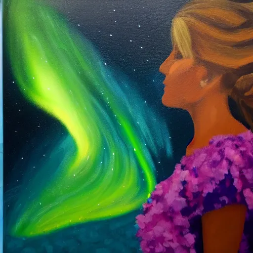 Prompt: a professional painting of a woman wearing a summer dress, the dress looks like the northern lights, 4 k