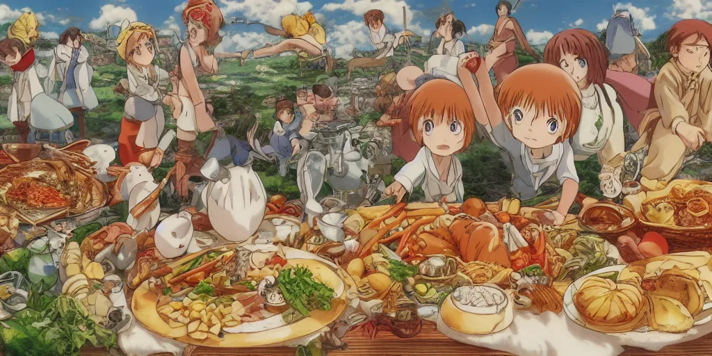 Image similar to A feast for the whole kingdom, very detailed, anime, Delicious, Plump, Juicy, Hot Food, large white border, hd, high resolution print :1 by Hayao Miyazaki, Nausicaa, studio Ghibli style, Anime wallpaper, cell shading, trending on deviant art :1