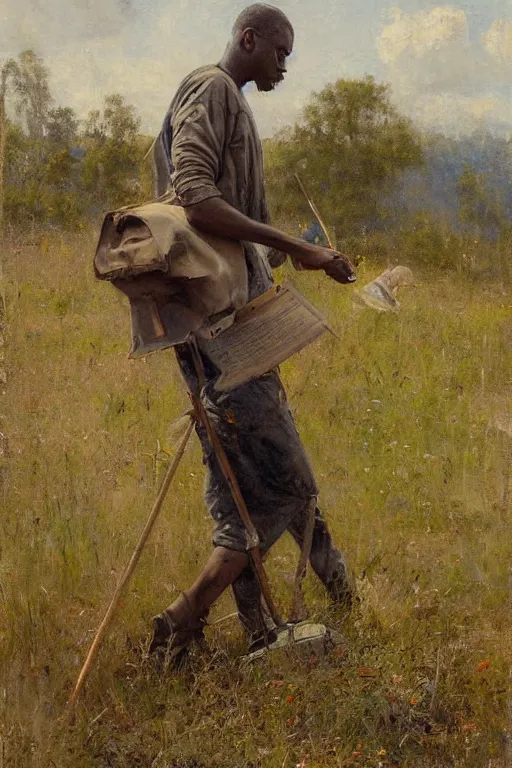 Image similar to Solomon Joseph Solomon and Richard Schmid and Jeremy Lipking painting full length portrait painting of a young man going to work in the field