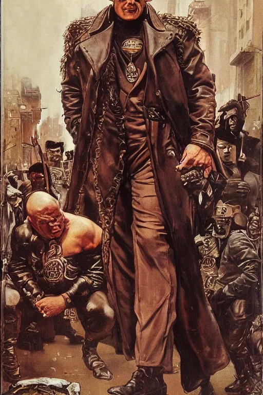 Image similar to full length portrait of mariusz pudzianowski as a huge hulking marvel gangster wearing a leather trench coat walking beside gangsters on street pre war new york, by lawrence alma tadema and zdzislaw beksinski and norman rockwell and jack kirby and tom lovell and greg staples and michael alford