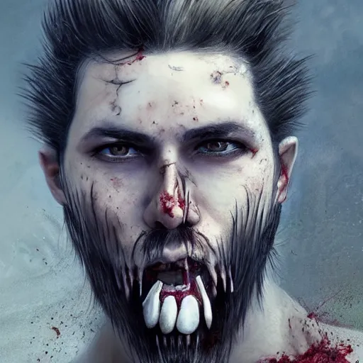 Image similar to portrait painting of a sneering biker with pale skin and spiky hair and a patchy beard and blood stains on his mouth, sharp focus, ultra realistic, concept art, intricate details, eerie, highly detailed, photorealistic, octane render, 8 k, unreal engine. art by artgerm and charlie bowater and greg rutkowski