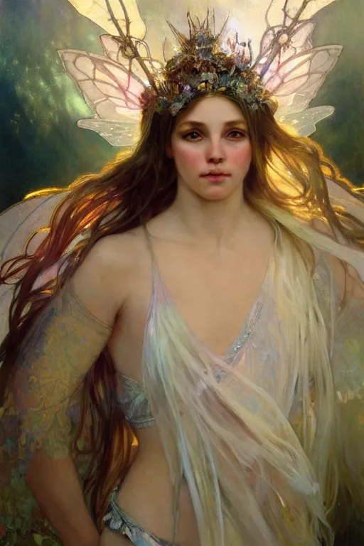 Image similar to hyperrealist portrait of a fairy girl emperorit is decorated with long robes that fall like stars and wears a huge crown. by jeremy mann and alphonse mucha, fantasy art, photo realistic, dynamic lighting, artstation, poster, volumetric lighting, very detailed faces, 4 k, award winning