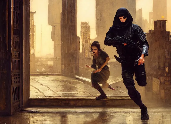 Image similar to sophia evades sgt Nash. Cyberpunk free runner escaping menacing police troopers (blade runner 2049). Gorgeous face. Iranian orientalist portrait by john william waterhouse and Edwin Longsden Long and Theodore Ralli and Nasreddine Dinet, oil on canvas. Cinematic, hyper realism, realistic proportions, dramatic lighting, high detail 4k