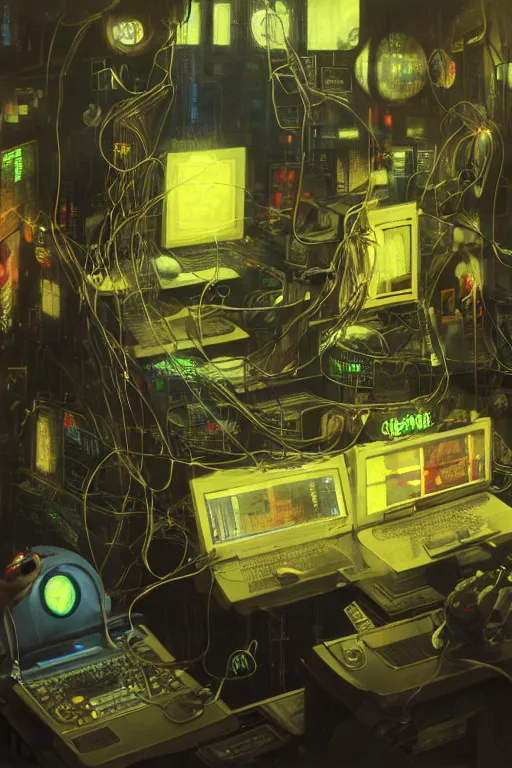 Image similar to hyperrealist portrait of pac man, it is decorated with long wires and computer monitors on their body in the cyberpunk office background. by jeremy mann and alphonse mucha, fantasy art, photo realistic, dynamic lighting, artstation, poster, volumetric lighting, very detailed faces, 8 k, award winning