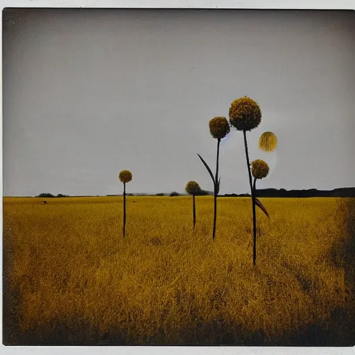 Prompt: The grass, the entire vegetation was so dried out that the light yellow stalks and the withered thistles made for a whole variety of ochre and yellow shades which delighted me; which, in their beauty in the verge of decay, reminded me of the grim reaper, Eros and Thanatos, by Anselm Kiefer, polaroid photo, concept art