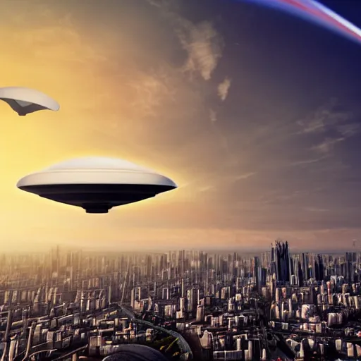 Prompt: UFO flying over a futuristic city, high definition, sunset