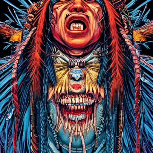 Image similar to portrait of crazy screaming native american, symmetrical, cinematic colors, by yoichi hatakenaka, masamune shirow, josan gonzales and dan mumford, ayami kojima, takato yamamoto, barclay shaw, karol bak, yukito kishiro