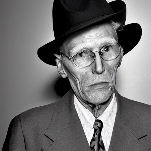 Image similar to A photograph portrait of old Jerma985 in his eighties who looks like Jerma985 wearing a suit with and fedora in the 1990s, taken in the early 1990s, grainy, taken on a 1990s Camera, realistic, hyperrealistic, very realistic, highly detailed, very detailed, extremely detailed, detailed, digital art, trending on artstation, detailed face