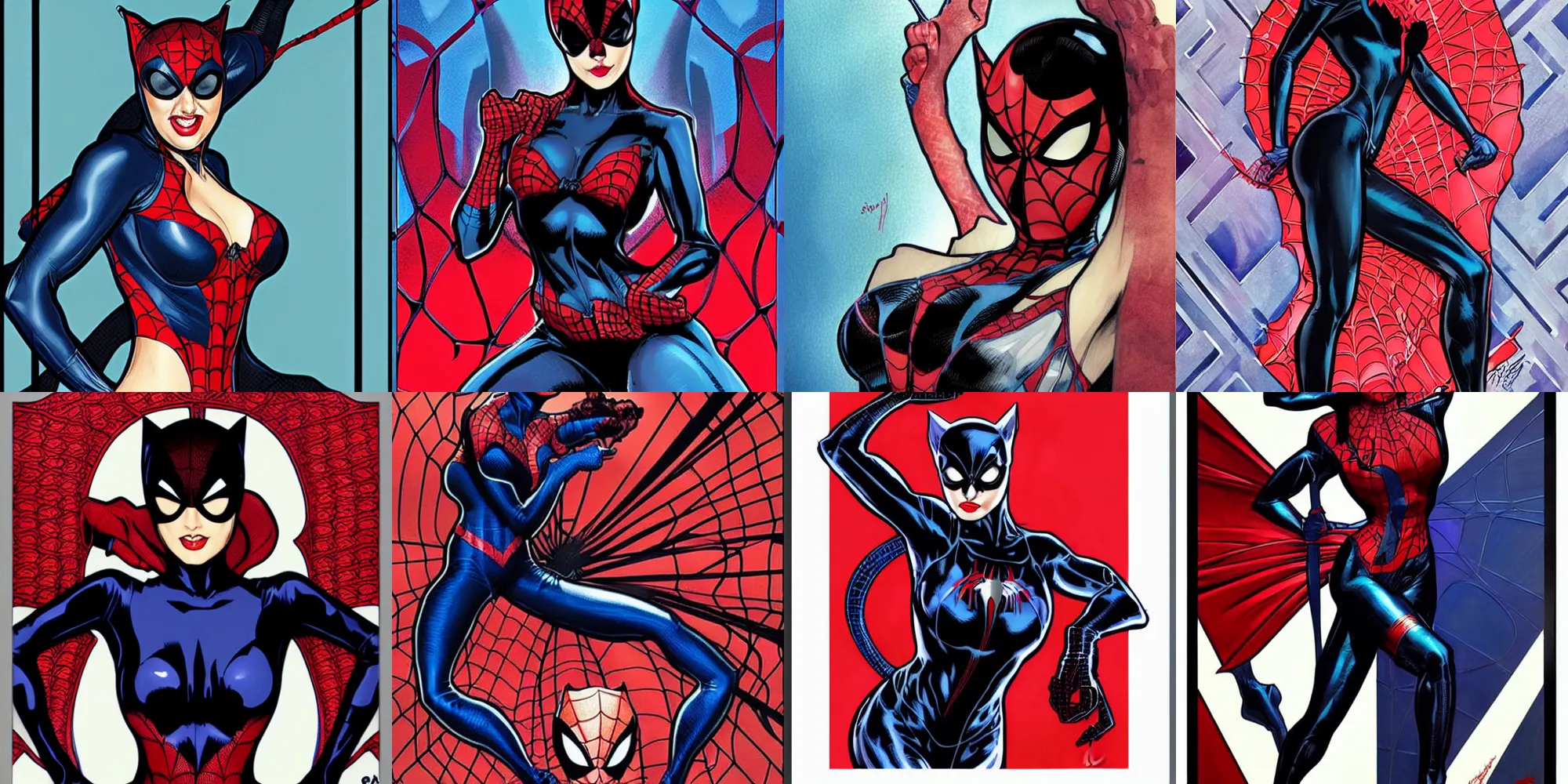 Prompt: catwoman in the style of spiderman, spiderman patterns, red and blue by artgerm and greg rutkowski and alphonse mucha