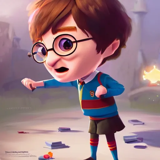 Prompt: a wholesome animation key shot of a cute chibi harry potter student, colorful, pixar and disney animation, sharp, very detailed, high resolution, key art by greg rutkowski, bloom, dramatic lighting
