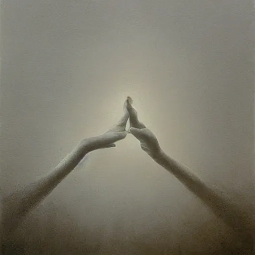 Image similar to hand and arm reaching out of thick fog, zdzislaw beksinski