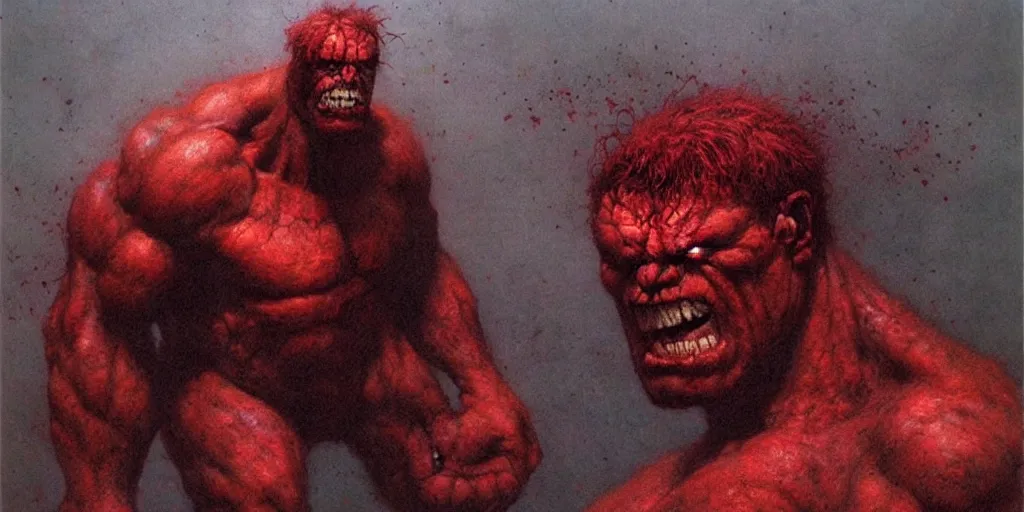 Prompt: Red Hulk by Beksinski, Luis Royo