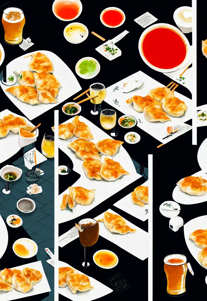 Image similar to businessmen eating gyoza and drinking beer at a nighttime izakaya in shinbashi tokyo, japan, a collage painting, in the style of wes anderson, lola dupre, david hockney, isolated on negative white space background dark monochrome fluorescent neon spraypaint accents volumetric octane render