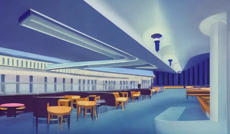 Image similar to a beautiful, sharp focus, clean lines. the interior of an art deco undersea restaurant. vaporwave ombre rendering. outrun style. trending on artstation. recommended for you behance. by chris moore. by edward hopper. ambient occlusion. digital matte painting. metropolis filmic. gotham city.