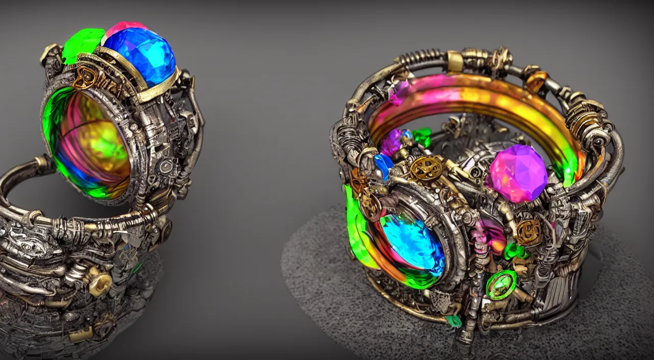 Image similar to a steampunk ring with rainbow colours, macro photography, F/2.8, trending on artstation, octane render