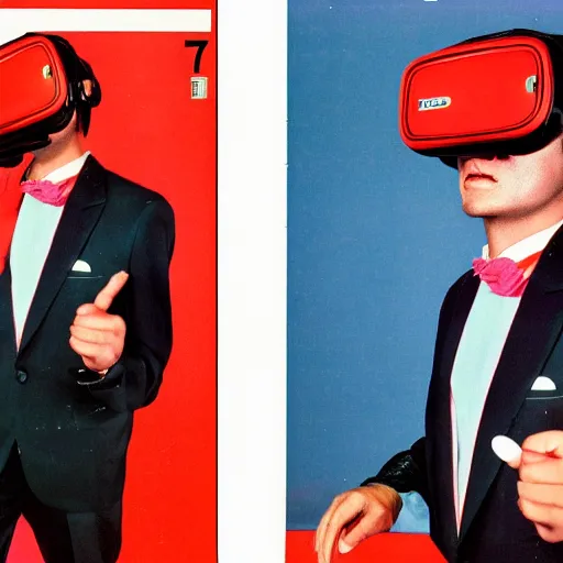 Image similar to a man wearing a high - tech vr helmet wearing a polyester suit from the 7 0 s, 7 0 s fashion, in a 7 0 s living room, magazine ad, professional photography, 3 5 mm