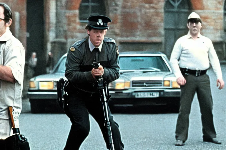 Prompt: a still of the movie hot fuzz directed by stanley kubrick in 1 9 8 0