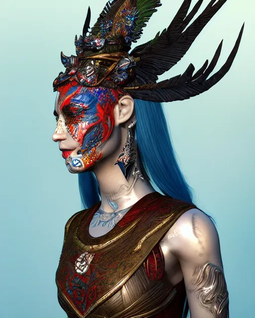 Prompt: 3 d warrior goddess medium shot portrait. beautiful hyperrealistic intricate highly detailed magpie helm, shattered armor, kintsugi, quetzalcoatl, korean hanbok, bioluminescent, plasma, lava, ice, feather, in the style of chiara bautista, octane 3 d render