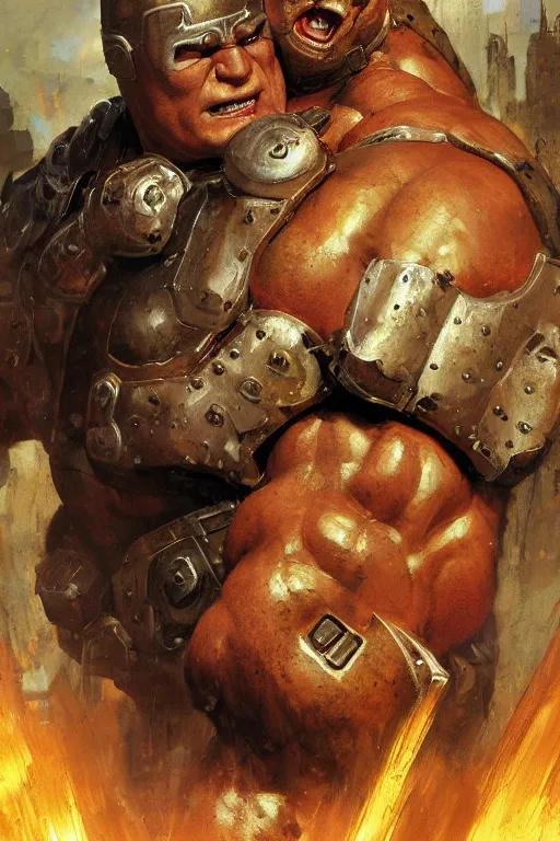 Image similar to upper body and head portrait of hulking brock lesnar as marvel juggernaut wearing battered armour, norman rockwell, wayne barlow, raymond swanland, tom lovell, alex malveda, boris vallejo, jack kirby, lawrence alma tadema, greg staples, jeremy mann, artstation comic character concept