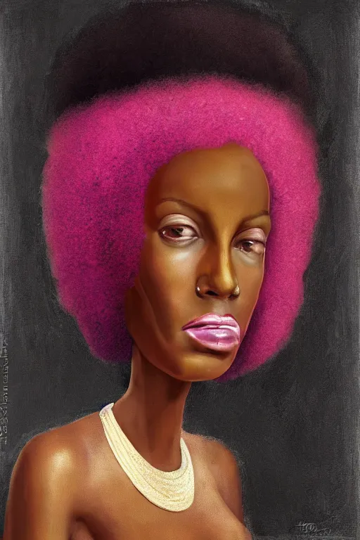 Image similar to A beautiful tall black woman with dark skin and a pink afro, looking at you from across the bar, holding a lit cigarette, digital art, oil painting, clean lines, drawn by H.R Giger